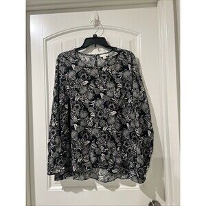 J Jill Size L Black & White Floral Blouse Top Long Sleeve Ruffle Hem Work Wear